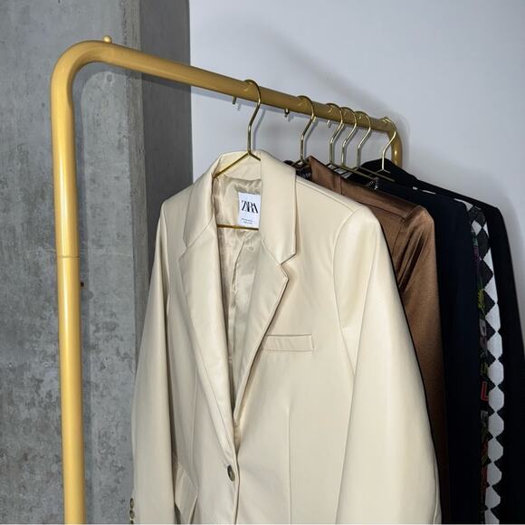 New Zara Beige Cream Oversized Faux Leather Boxy One Button Blazer - Picture 6 of 14